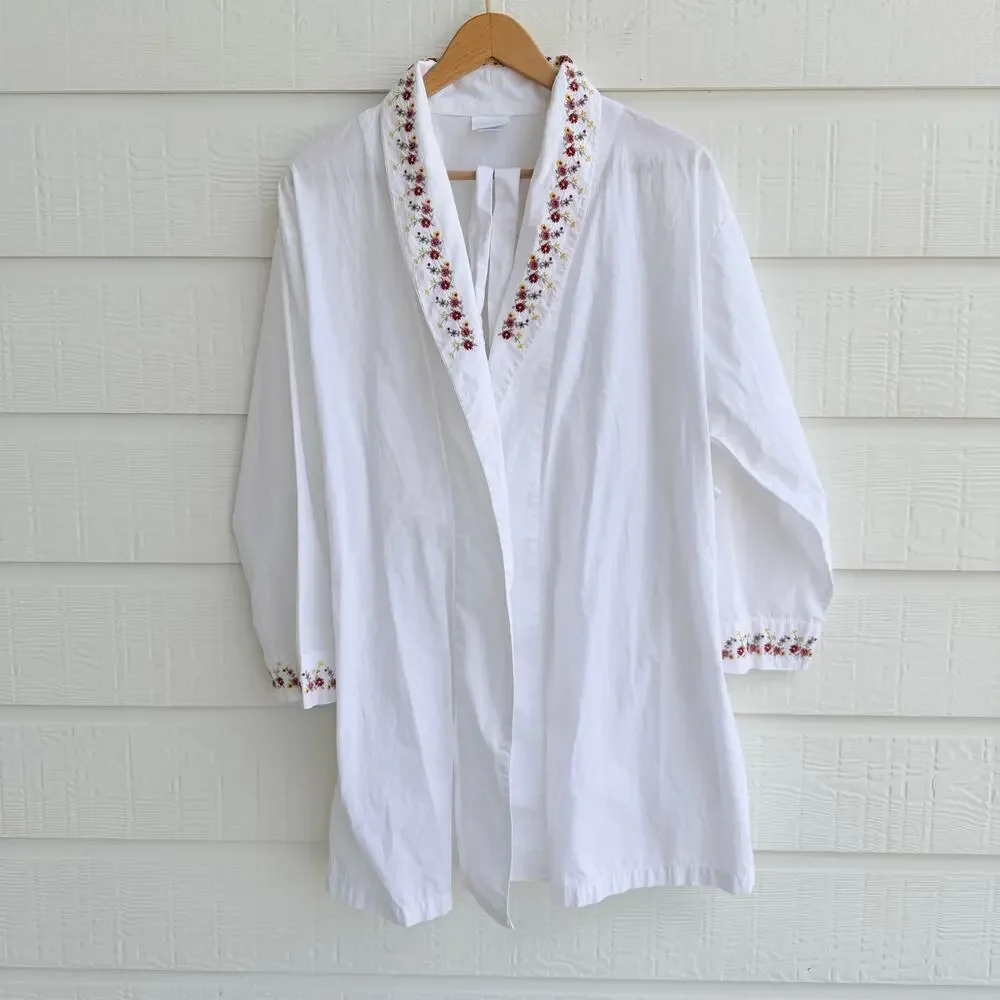 Pottery Barn Bed Bath Y2K Floral Embroidered Cotton Robe Women’s Small